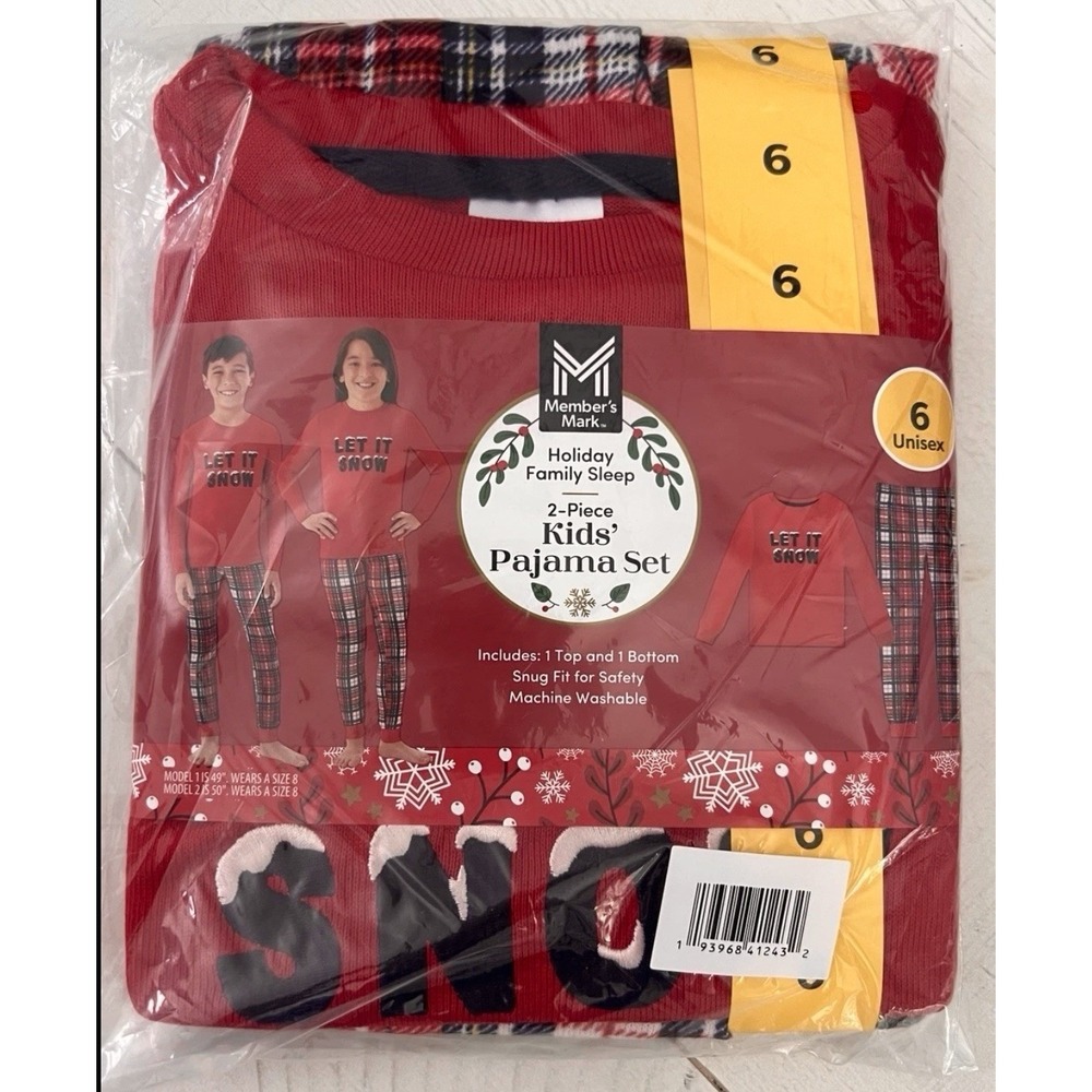 Members Mark Christmas 2-Piece Let it Snow Pajama Set‎ Size 6 Kids Red Plaid